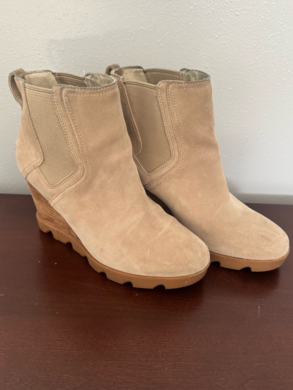 Women's Sorel Suede Ankle Booties in Beige - Wedge Heel